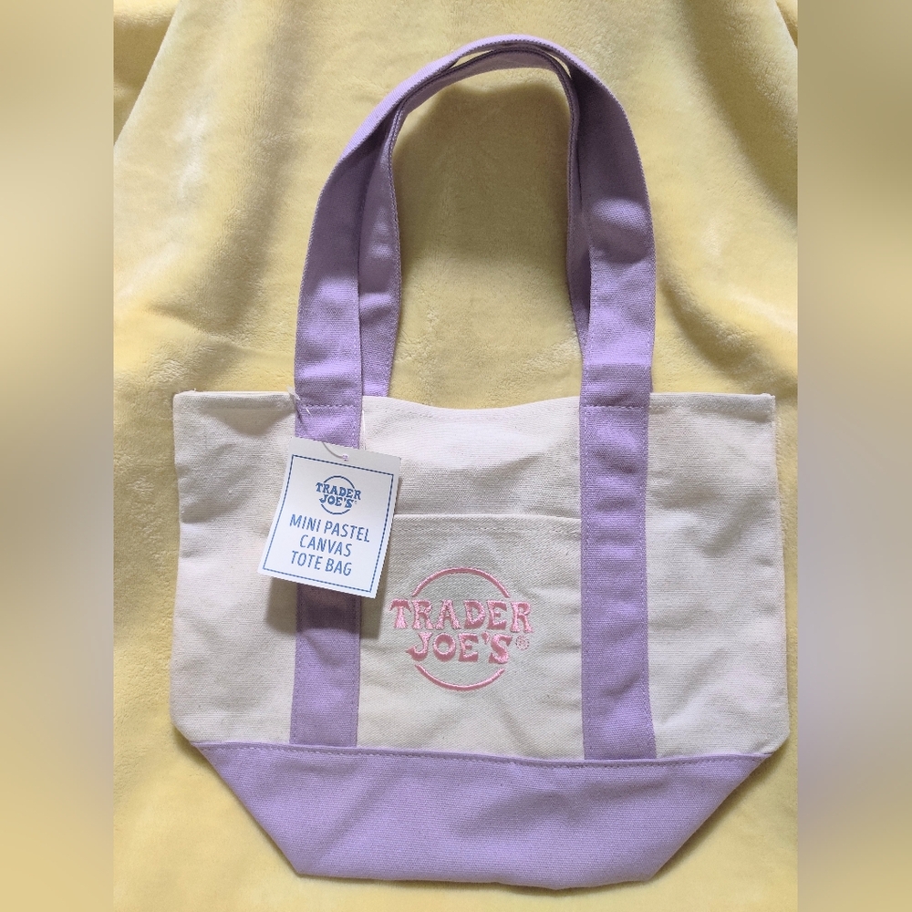 NWT Trader Joe's Pastel Mini Canvas Tote Bag - Purple with Pink Logo